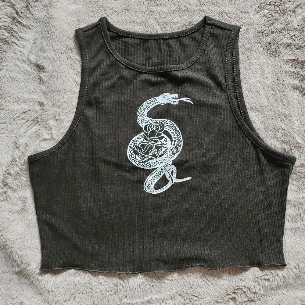 SHEIN Dark Green Crop Top with White Snake Graphic